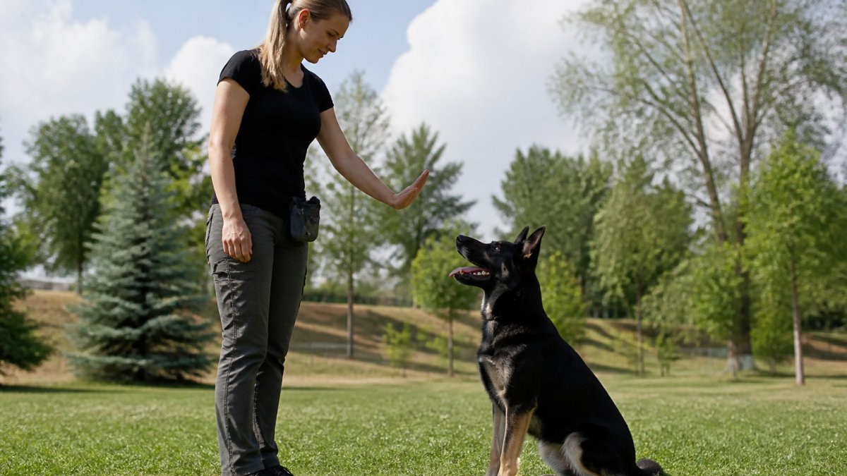Dog owner using professional dog obedience training signals to guide an alert dog in a sunny park