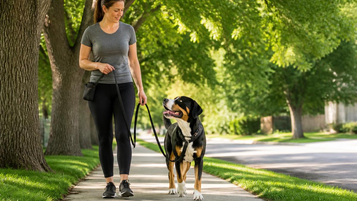 Professional dog handler demonstrating proper loose-leash walking technique with a large dog wearing a front-clip harness on a tree-lined residential street, showing correct posture, slack leash positioning, and engaged body language