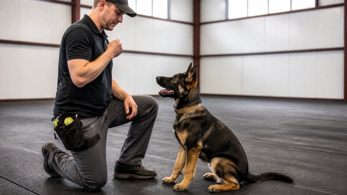 Professional dog trainer working with a dog on obedience commands in a structured training facility with hands-on instruction and positive reinforcement techniques