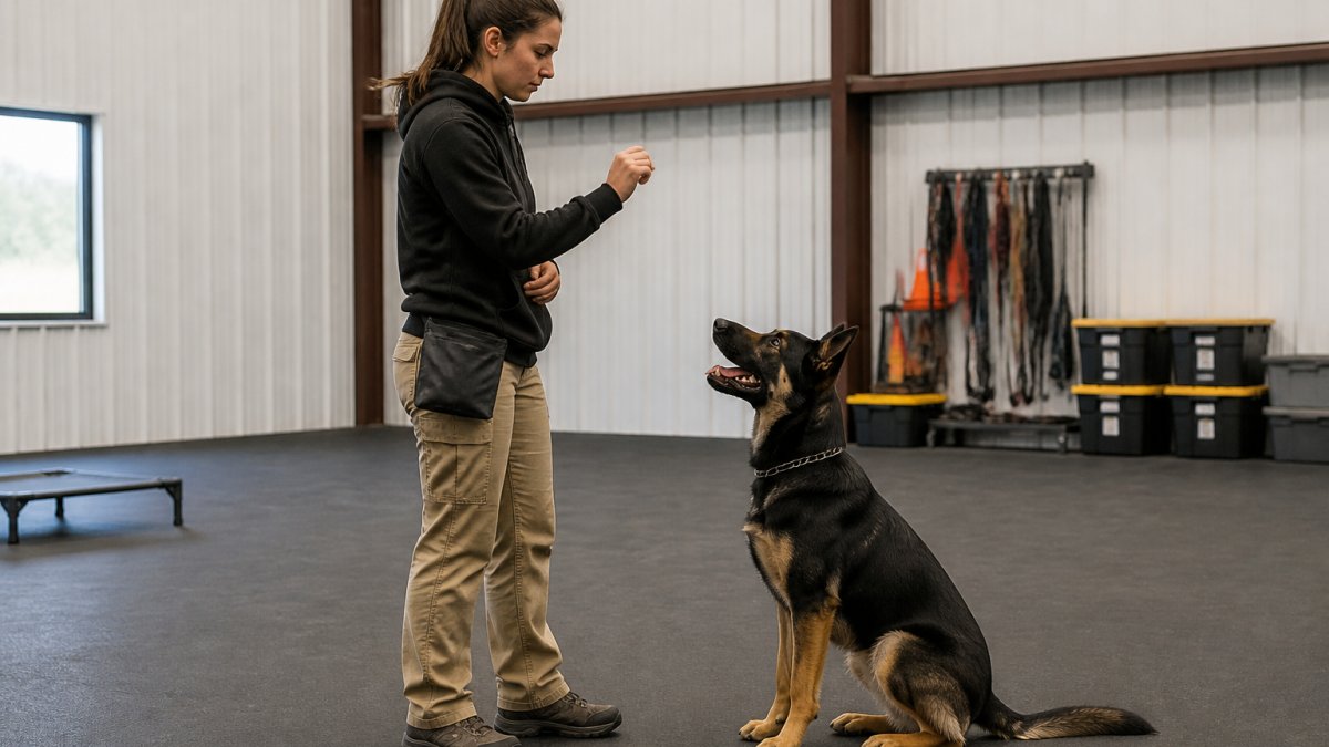 Infographic illustrating the process of dog obedience training programs through a structured, multi-step boarding routine.