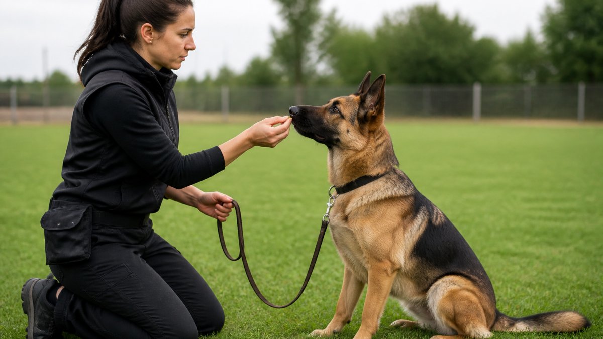 Professional trainer rewarding a German Shepherd for eye contact during a local dog training near me session.