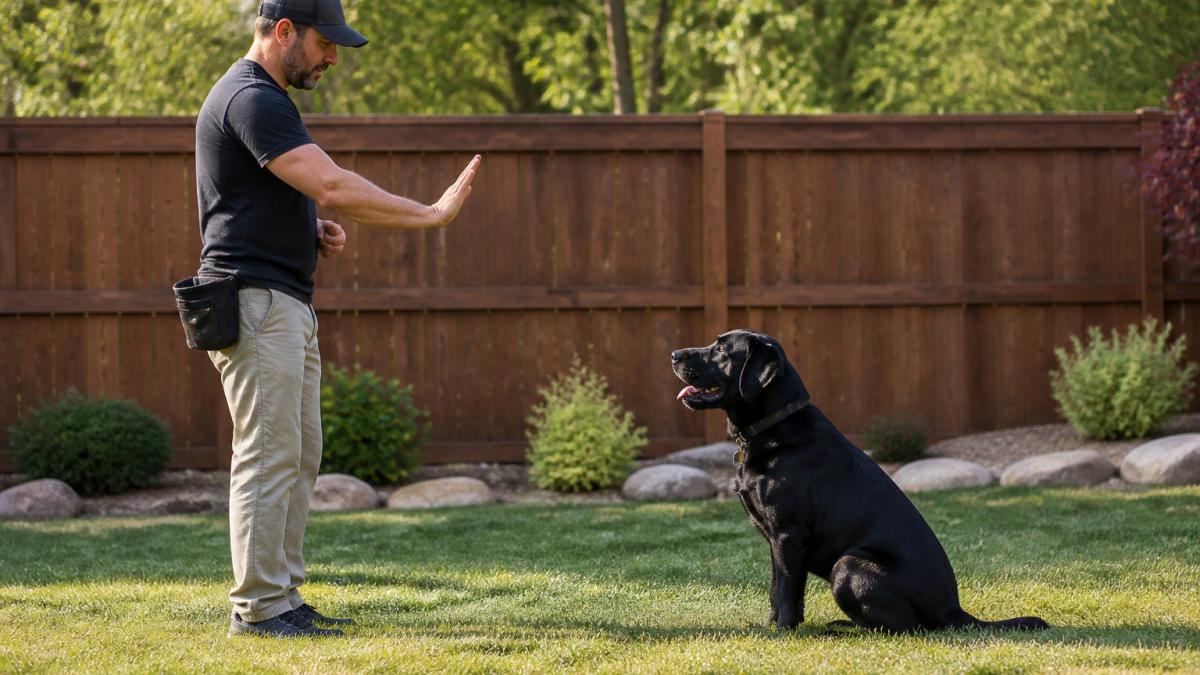 Dog owner and trainer practicing consistent hand signals for obedience command in a residential backyard with natural lighting, demonstrating synchronized body language and verbal cue delivery